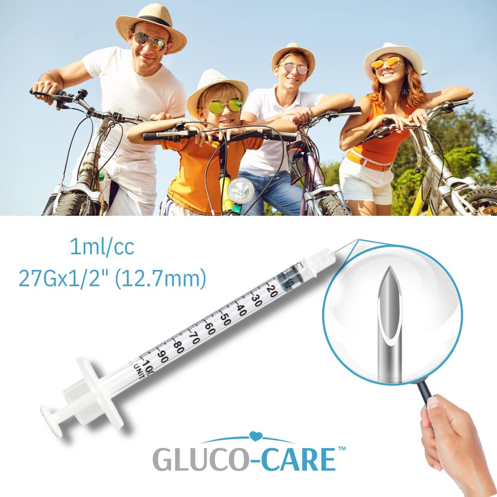 GLUCO-CARE orange cap close-up protecting needle and aiding quick visual sorting