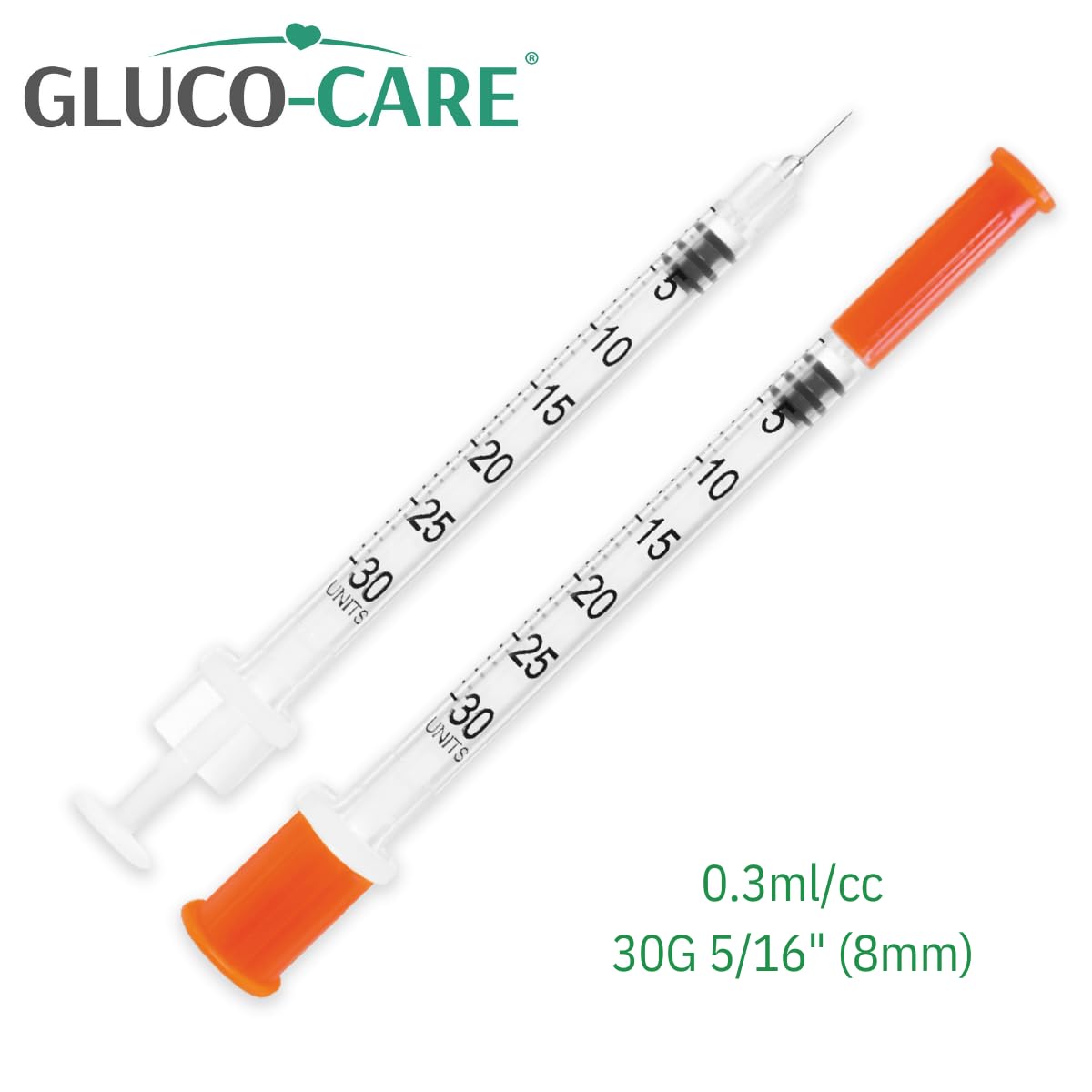 GLUCO-CARE single syringe close-up showing barrel and cap for precise measurement
