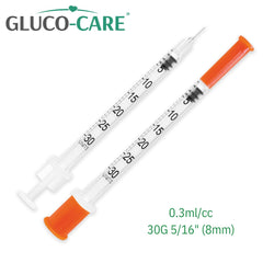 GLUCO-CARE single syringe close-up showing barrel and cap for precise measurement