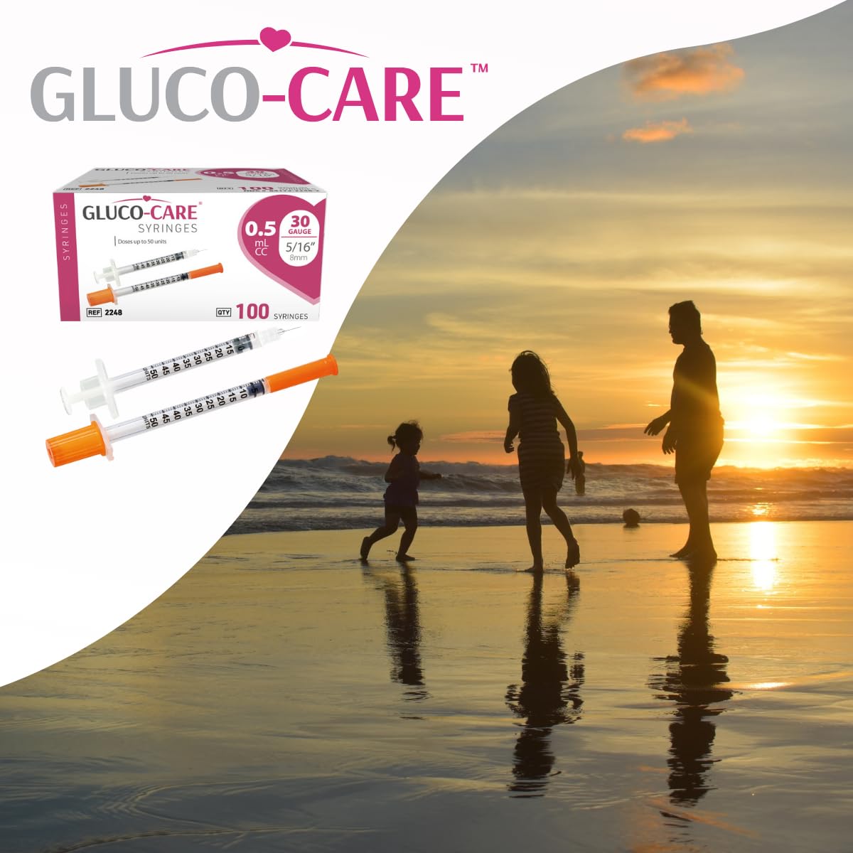 GLUCO-CARE size comparison with ruler showing 5/16" (8mm) needle length for scale