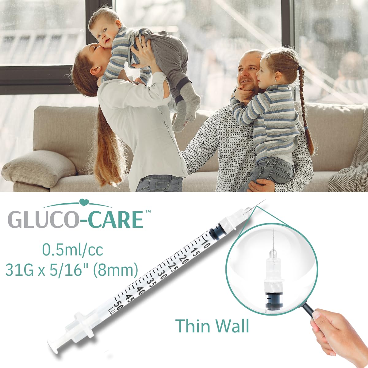 GLUCO-CARE syringe held in hand demonstrating compact 8mm length for scale
