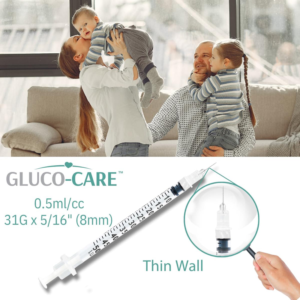 GLUCO-CARE syringe held in hand demonstrating compact 8mm length for scale