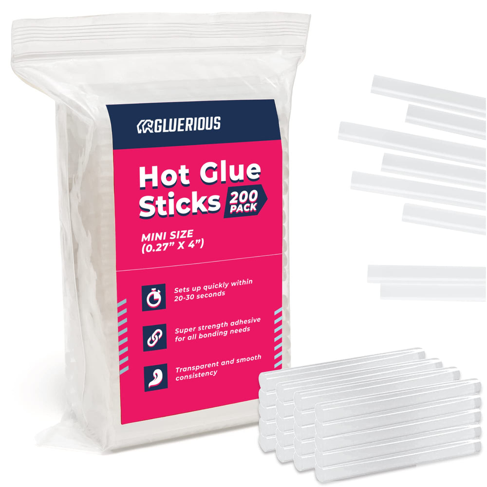 Gluerious front packaging showing 200-count mini glue sticks for value