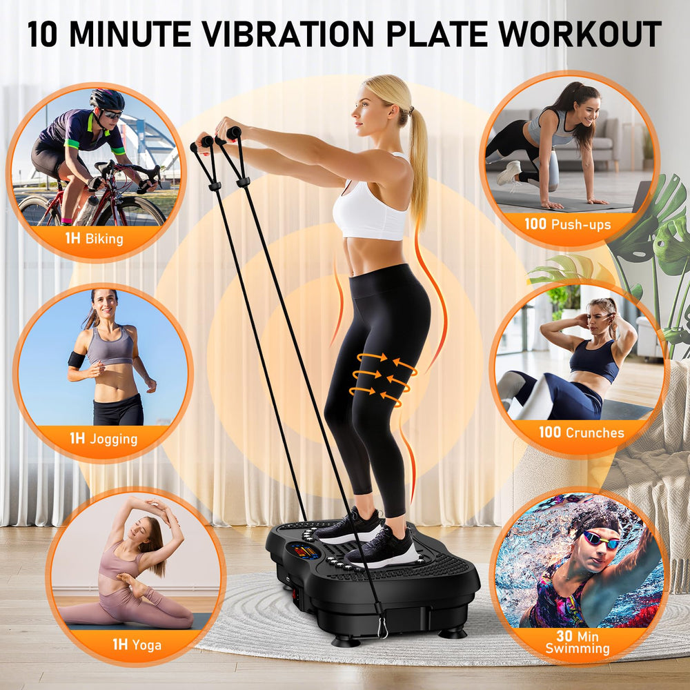 GLYLF vibration plate next to a person for scale highlighting 450 lb capacity and compact size