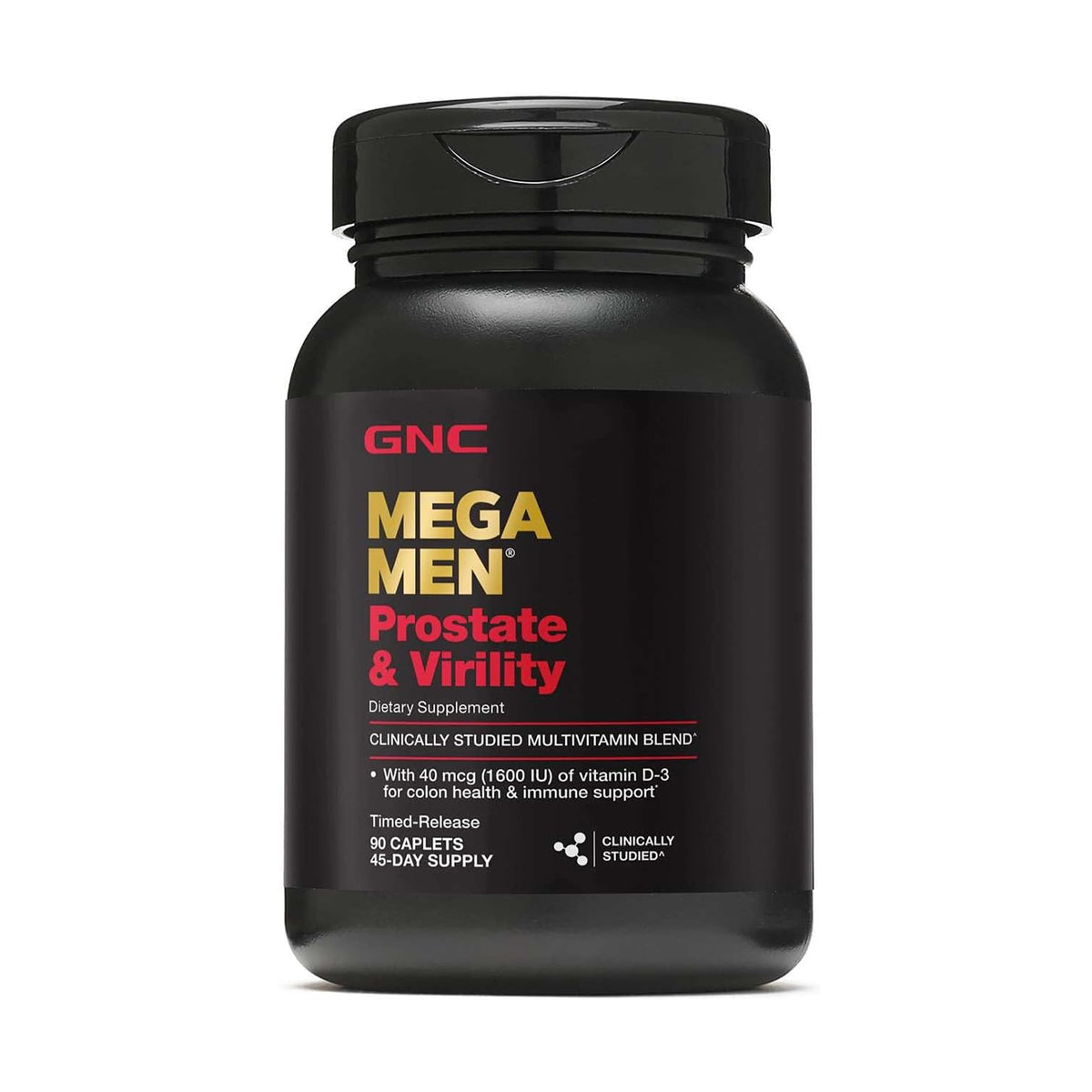 GNC Mega Men front bottle view showing supplement benefits and label
