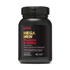 GNC Mega Men front bottle view showing supplement benefits and label