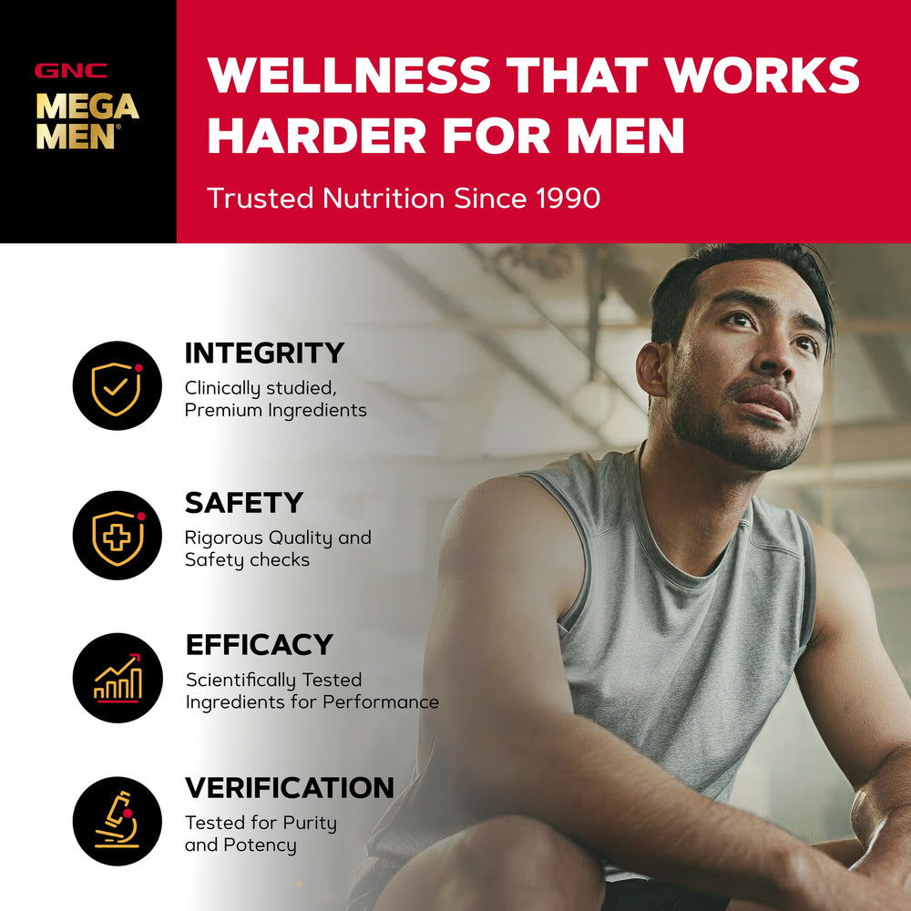 GNC Mega Men bottle placed in a gym setting suggesting active lifestyle support