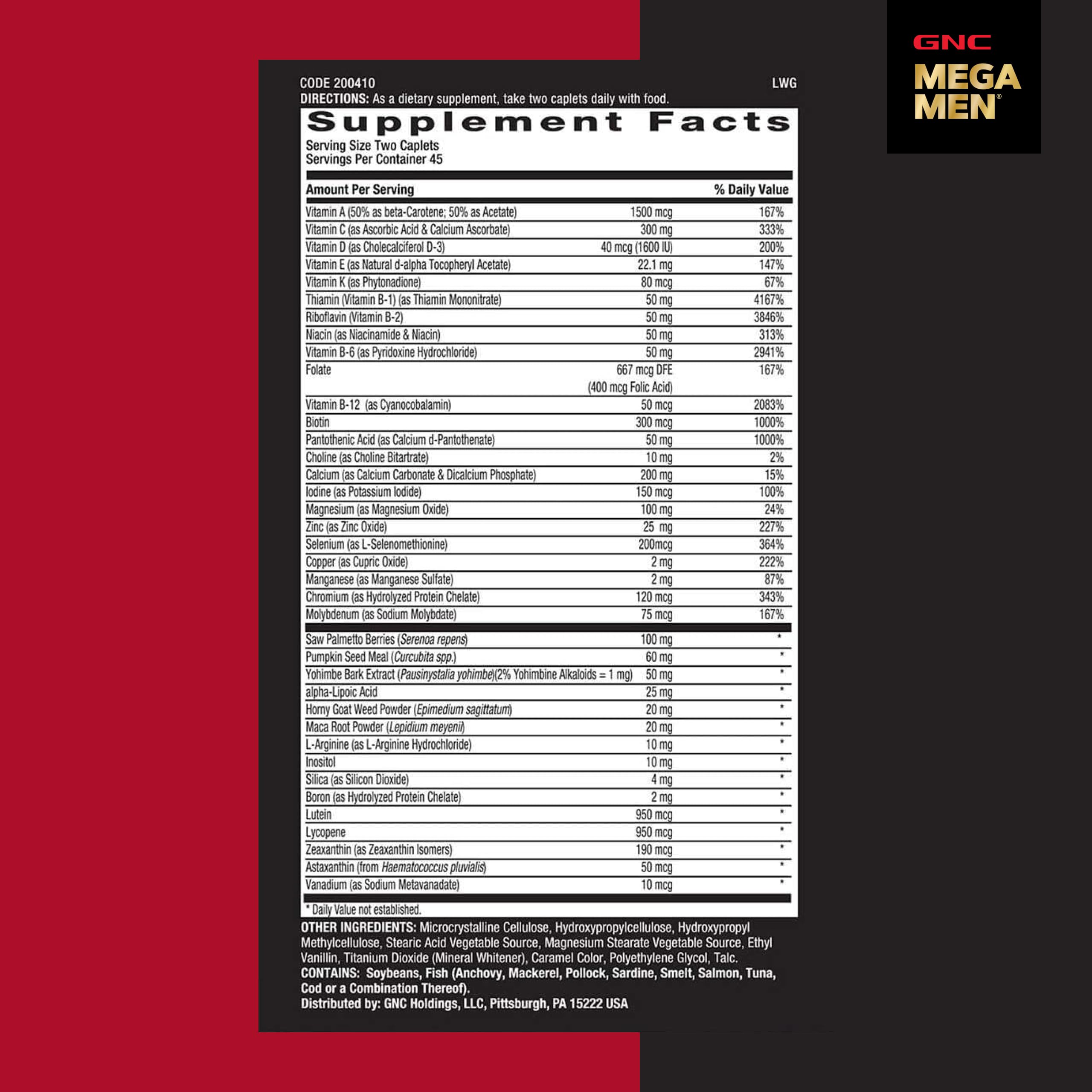 GNC Mega Men packaging side view emphasizing 90-count supply and quality