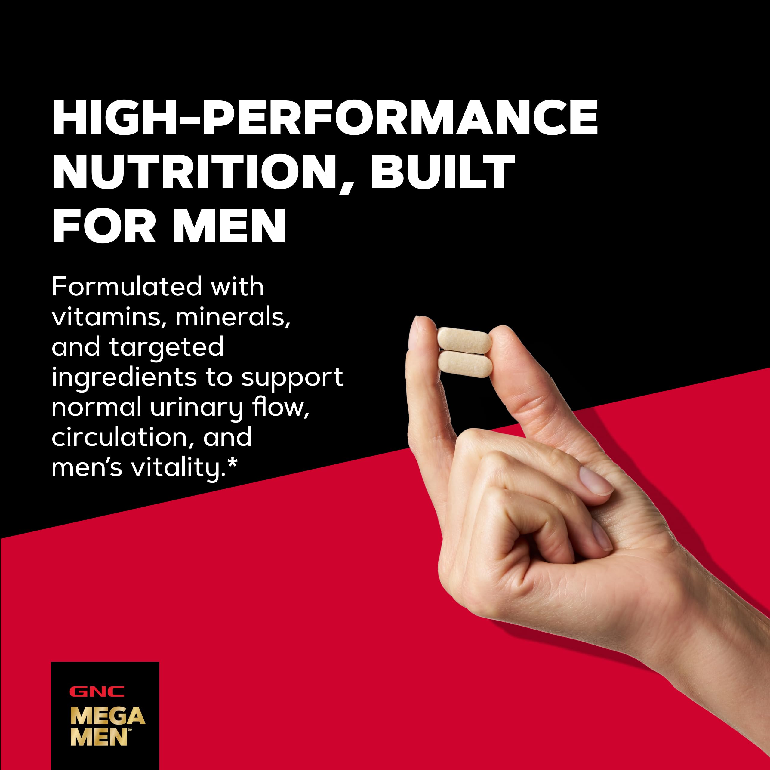 GNC Mega Men tablet next to coin showing size comparison for dosing ease