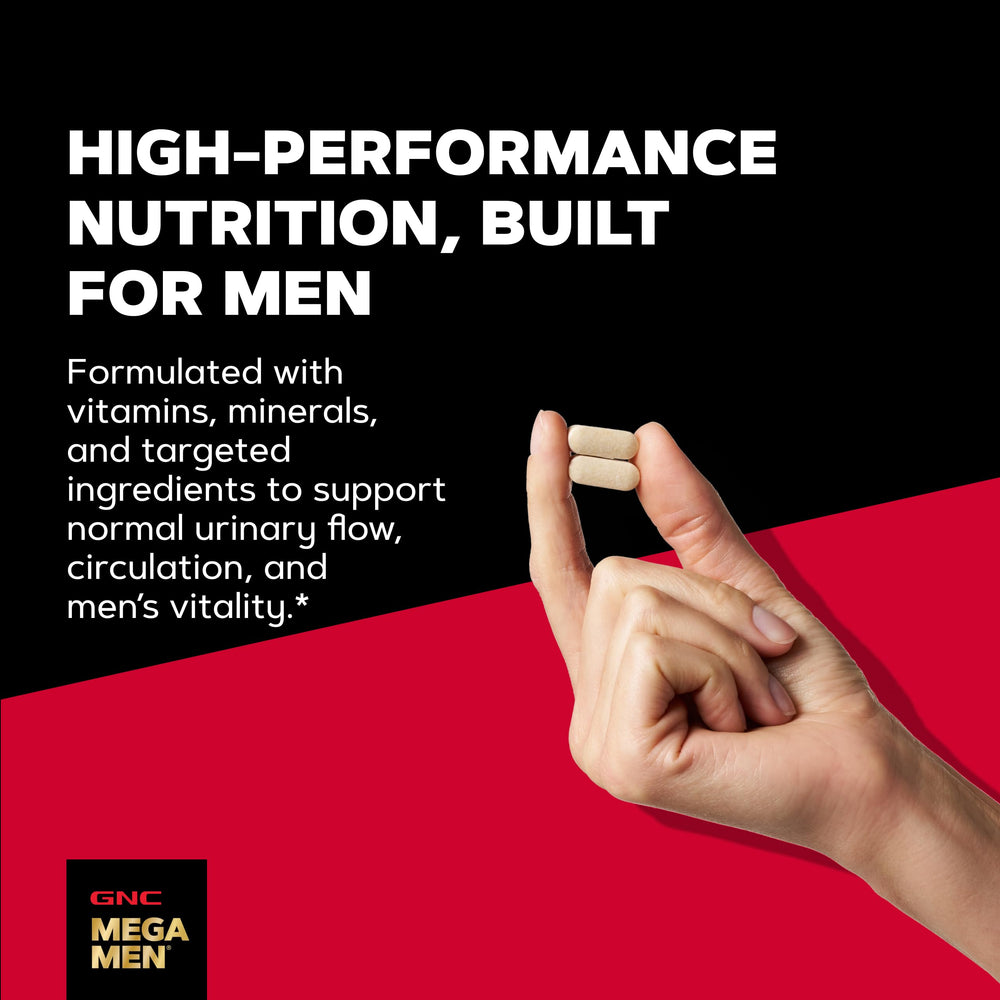 GNC Mega Men tablet next to coin showing size comparison for dosing ease