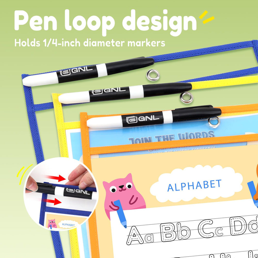 GNL top tab with pen loop and center hole for hanging, keeping markers accessible