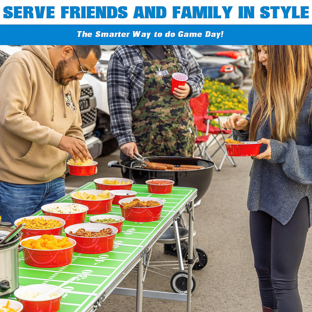 GoBig red bowl in use at tailgate table holding chips for sharing