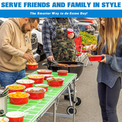 GoBig red bowl in use at tailgate table holding chips for sharing