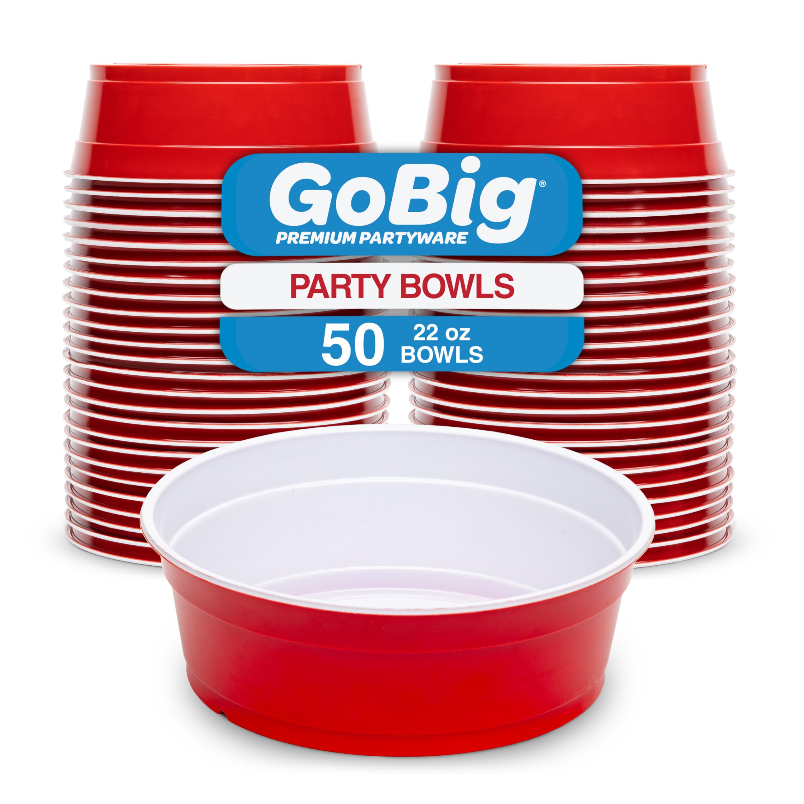 GoBig red bowls front packaging showing 50-count for easy parties