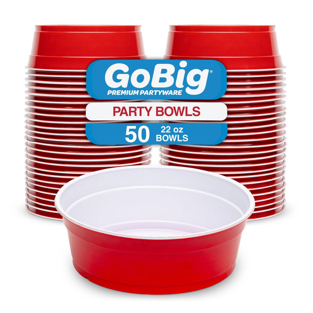 GoBig red bowls front packaging showing 50-count for easy parties