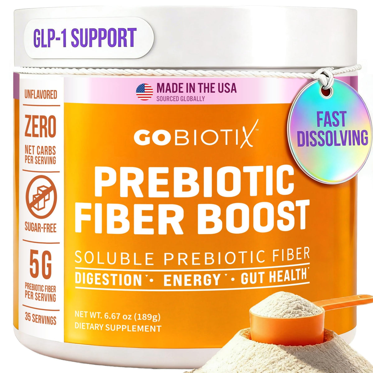GOBIOTIX front packaging shows clean label and 35 servings, supporting convenience