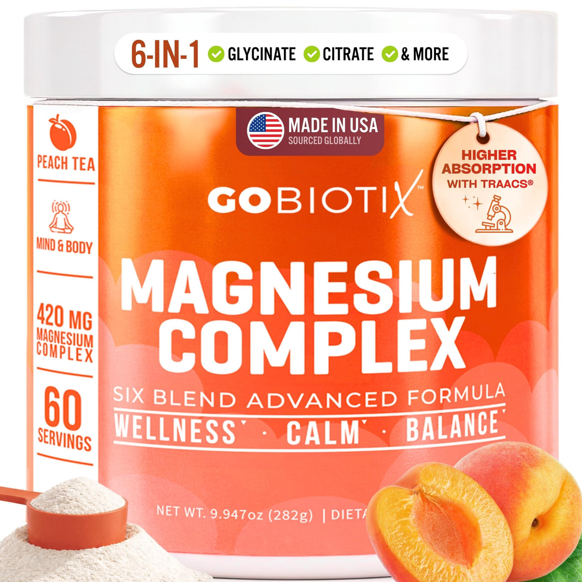 GOBIOTIX front packaging showing container and peach tea flavor benefits