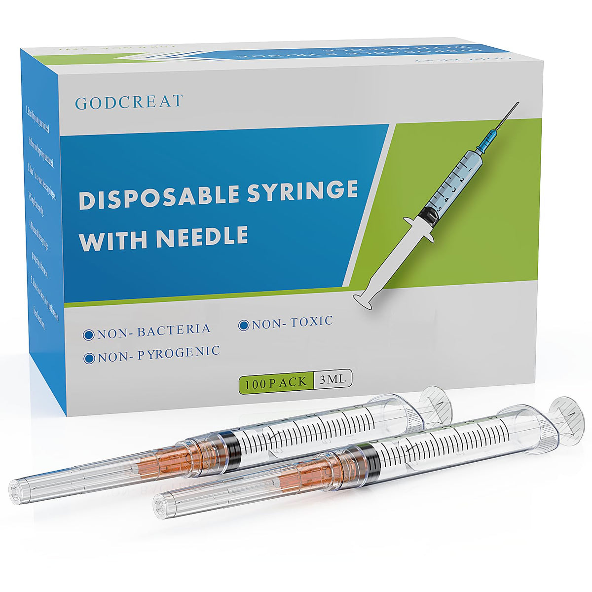 GODCREAT front view of 3ml syringe showing luer-lock and needle, clear precise dosing