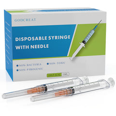 GODCREAT front view of 3ml syringe showing luer-lock and needle, clear precise dosing