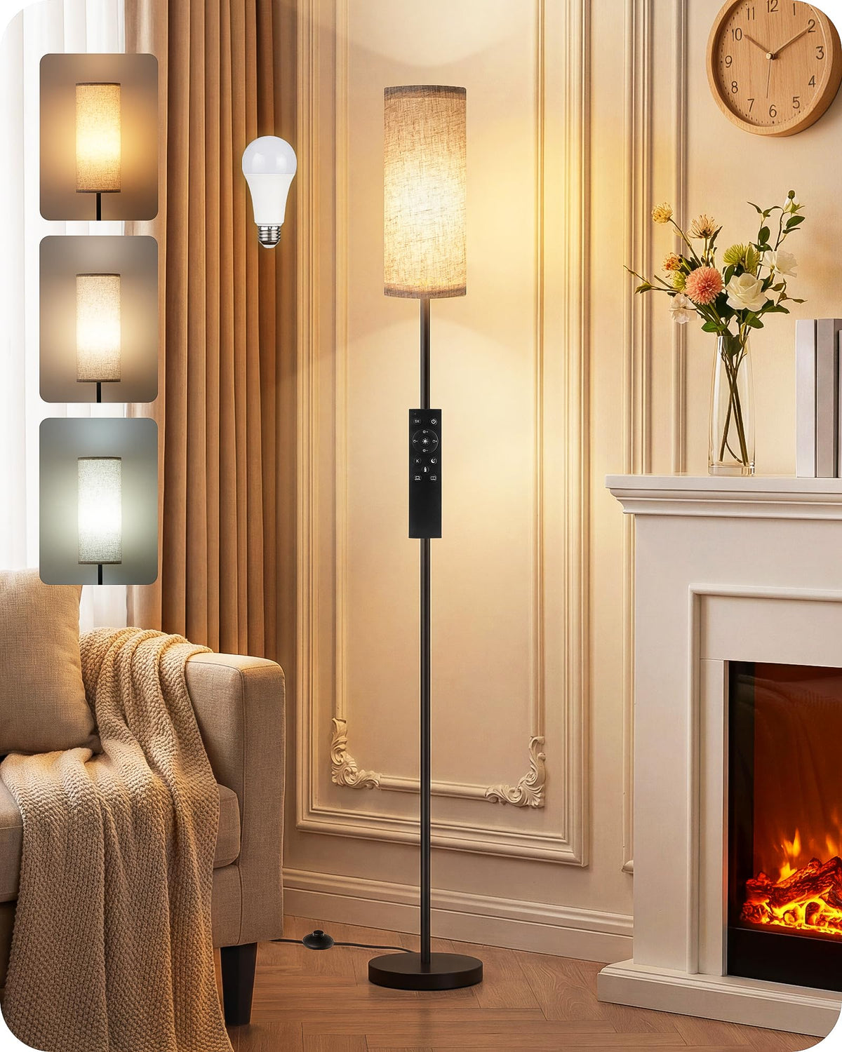 GOEBLESON lamp front view showing beige linen shade and slim profile for cozy lighting