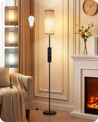 GOEBLESON lamp front view showing beige linen shade and slim profile for cozy lighting