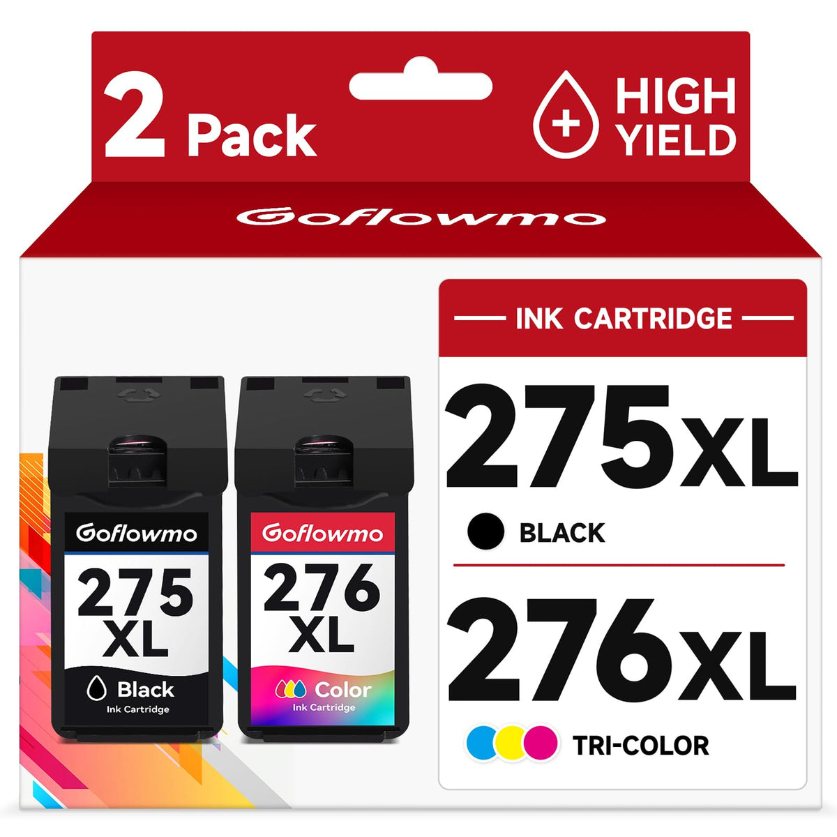 GoFlowmo front packaging showing 275XL and 276XL pack and clear product benefits
