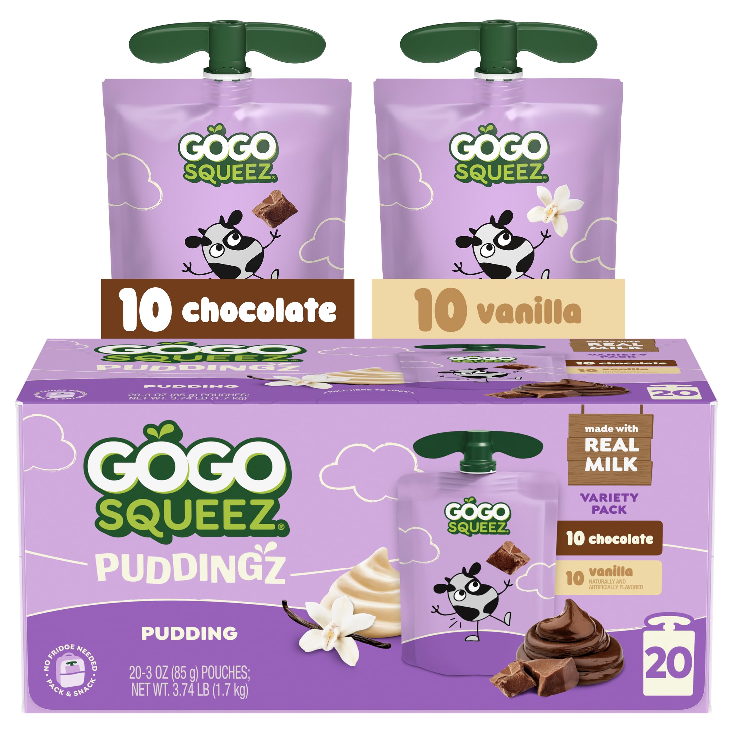 GoGo squeeZ front packaging showing 20-count pudding variety and convenience