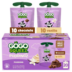 GoGo squeeZ front packaging showing 20-count pudding variety and convenience
