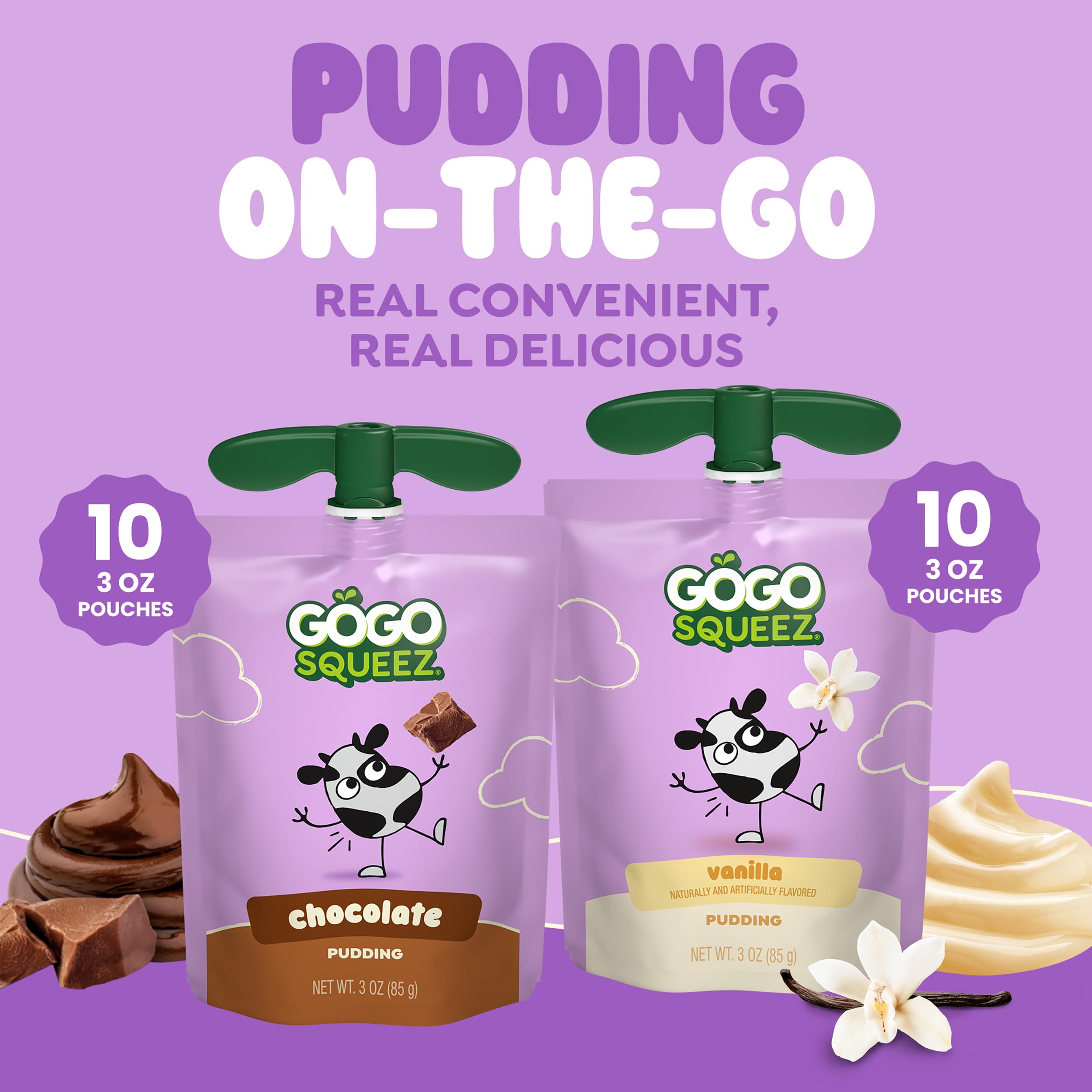 GoGo squeeZ vanilla pudding pouring from pouch and smooth milk-made benefit