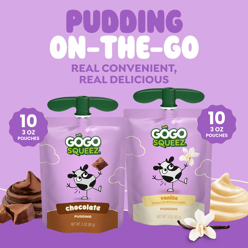 GoGo squeeZ vanilla pudding pouring from pouch and smooth milk-made benefit