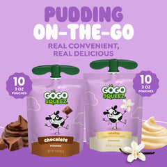GoGo squeeZ vanilla pudding pouring from pouch and smooth milk-made benefit