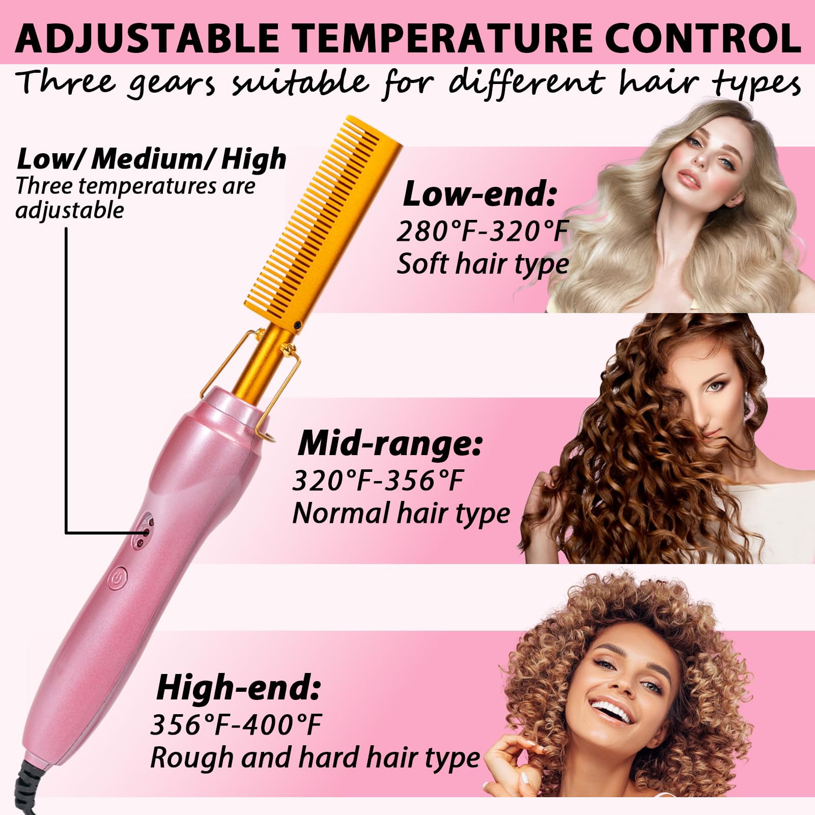 Goiple hot comb in use on a human-hair wig demonstrating frizz reduction benefit