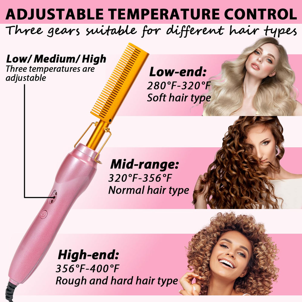 Goiple hot comb in use on a human-hair wig demonstrating frizz reduction benefit