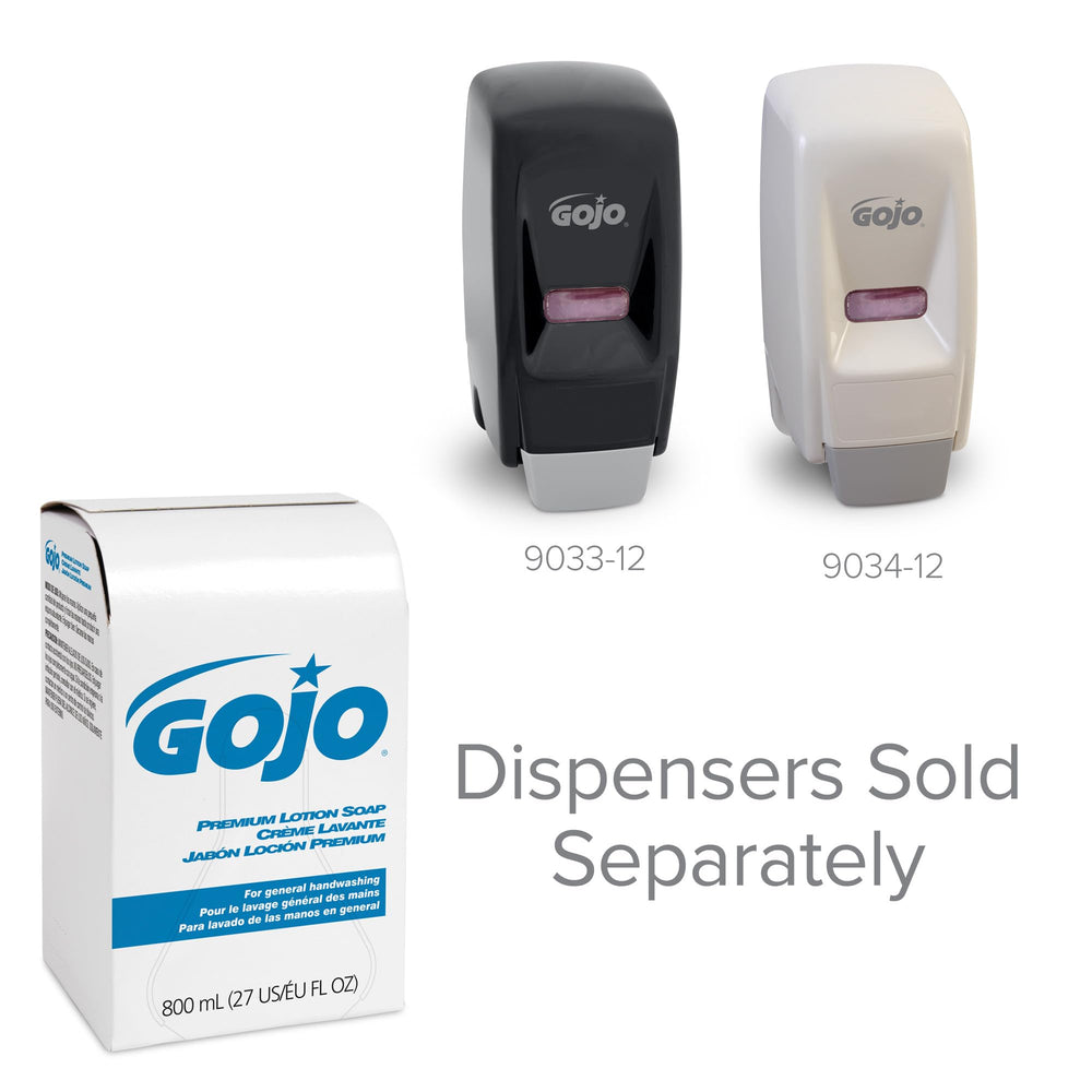 GOJO refill next to common objects showing 800 mL size for long-lasting supply