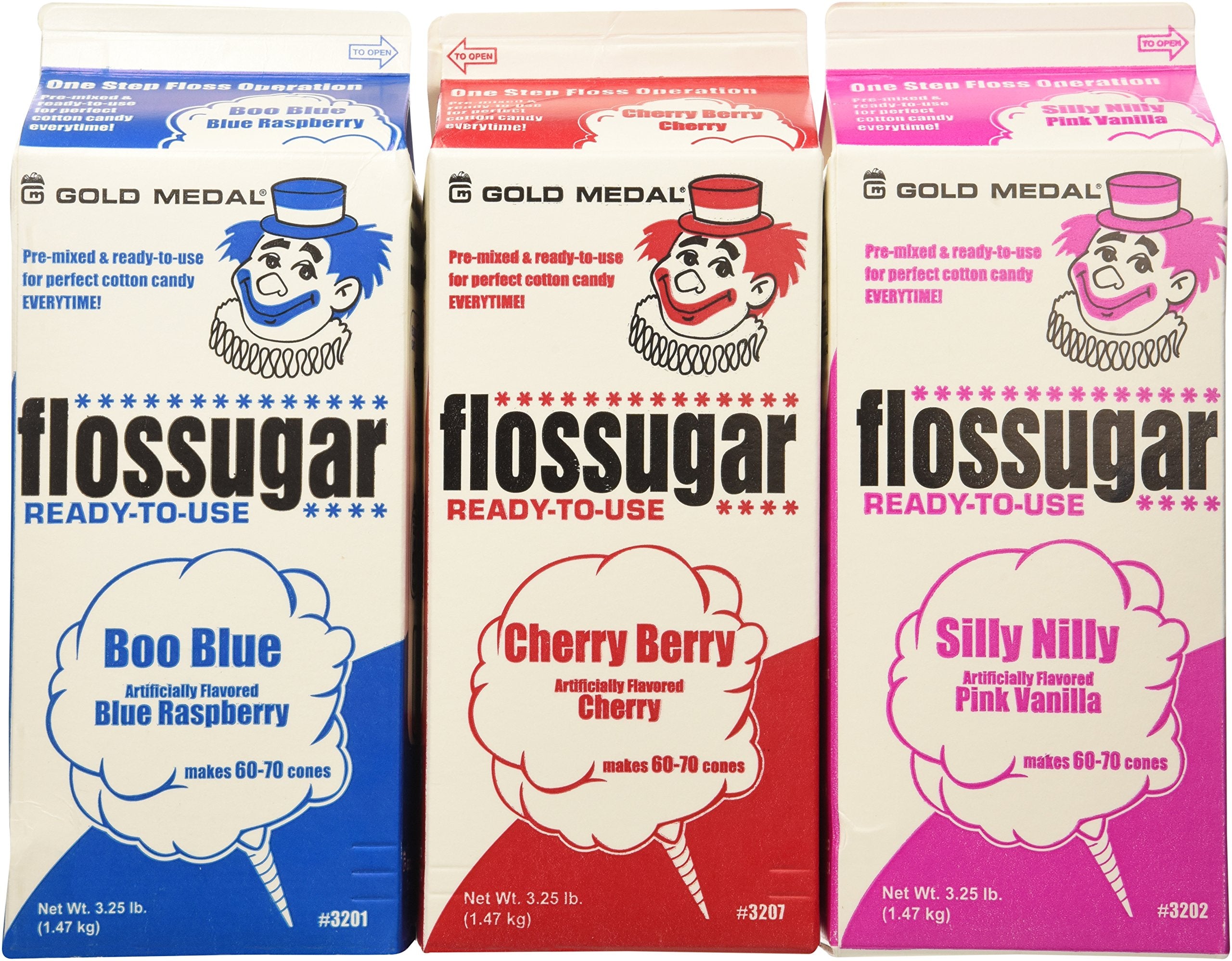 Gold Medal front carton trio showing blue raspberry pink vanilla and cherry, vibrant colors for eye-catching cotton candy