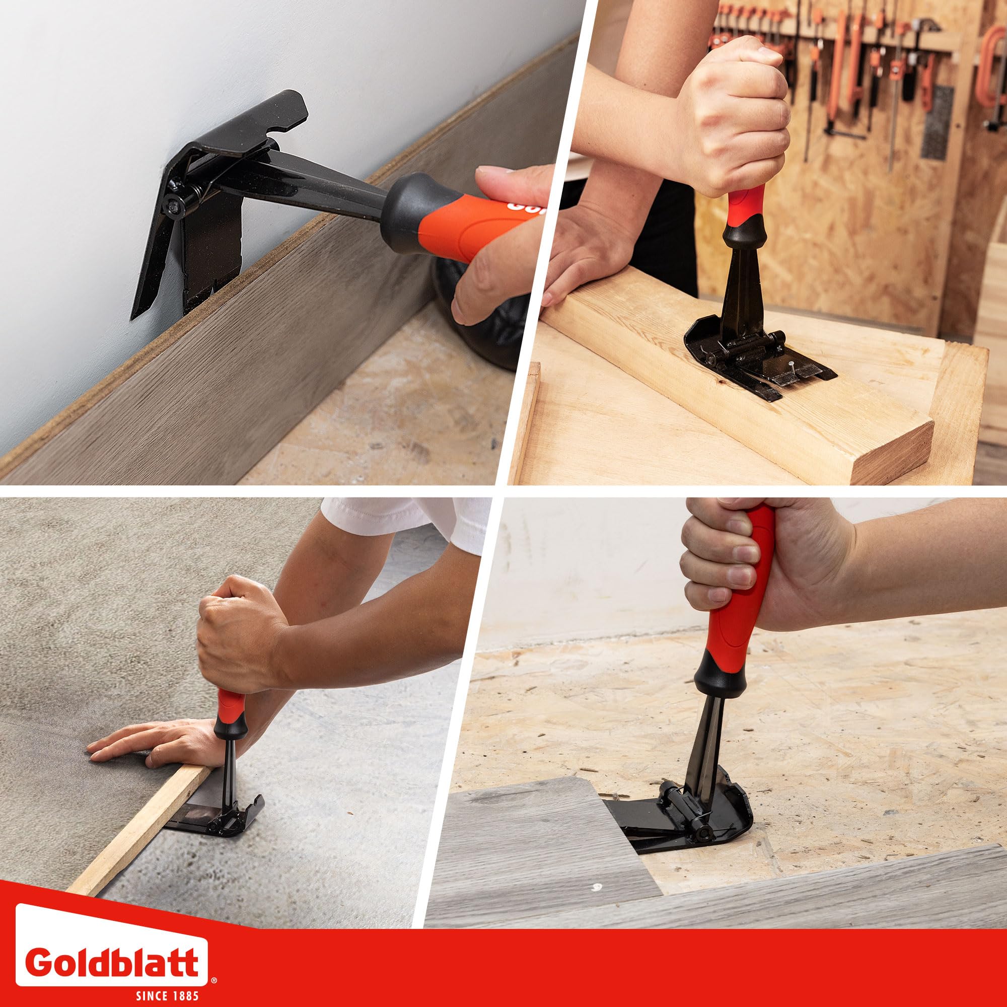 Goldblatt tool on jobsite near cabinets showing professional use and efficient trim removal
