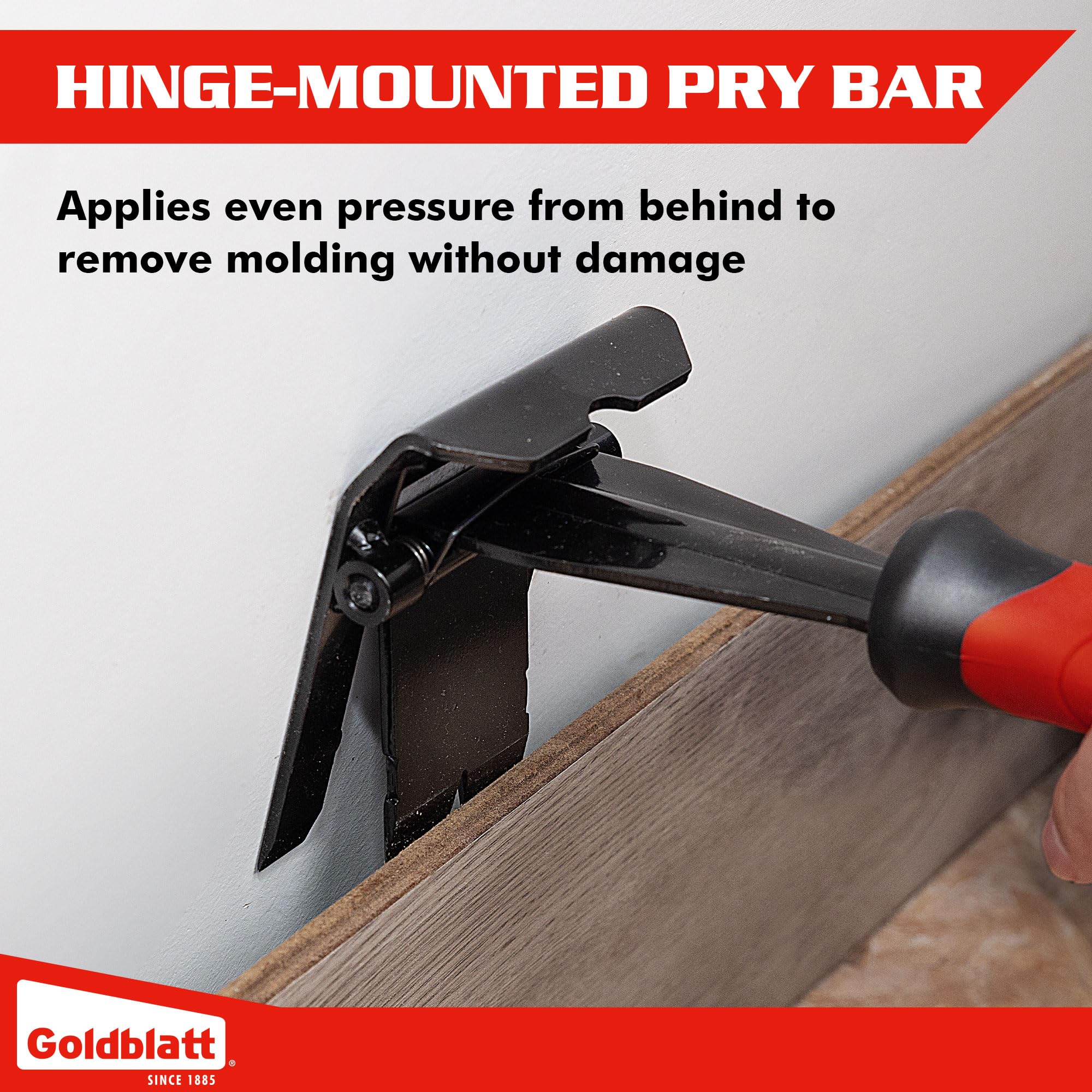Goldblatt tool prying a baseboard in use demonstrating cleaner removal and less wall damage