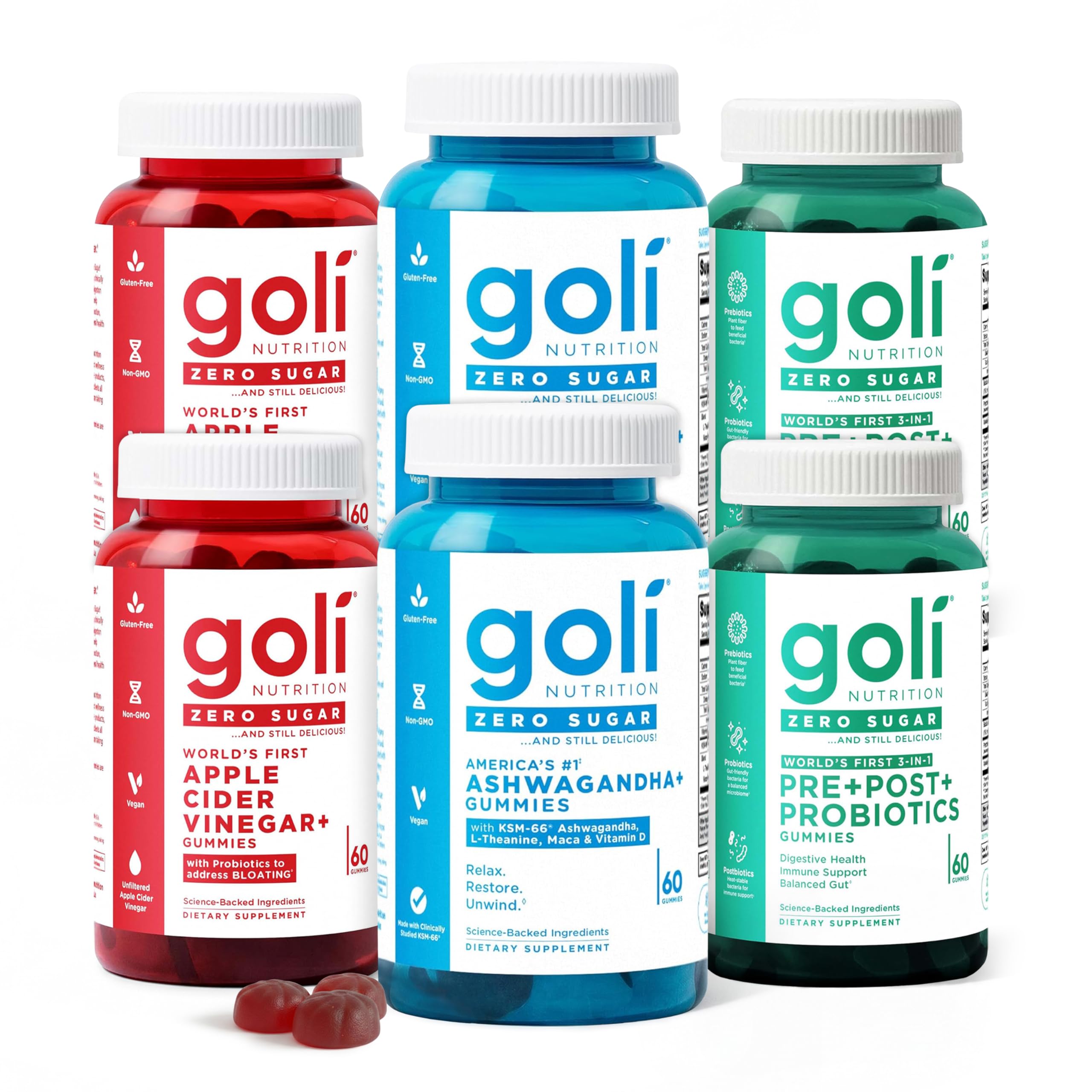 Goli bundle front packaging showing three zero sugar gummy bottles and benefits