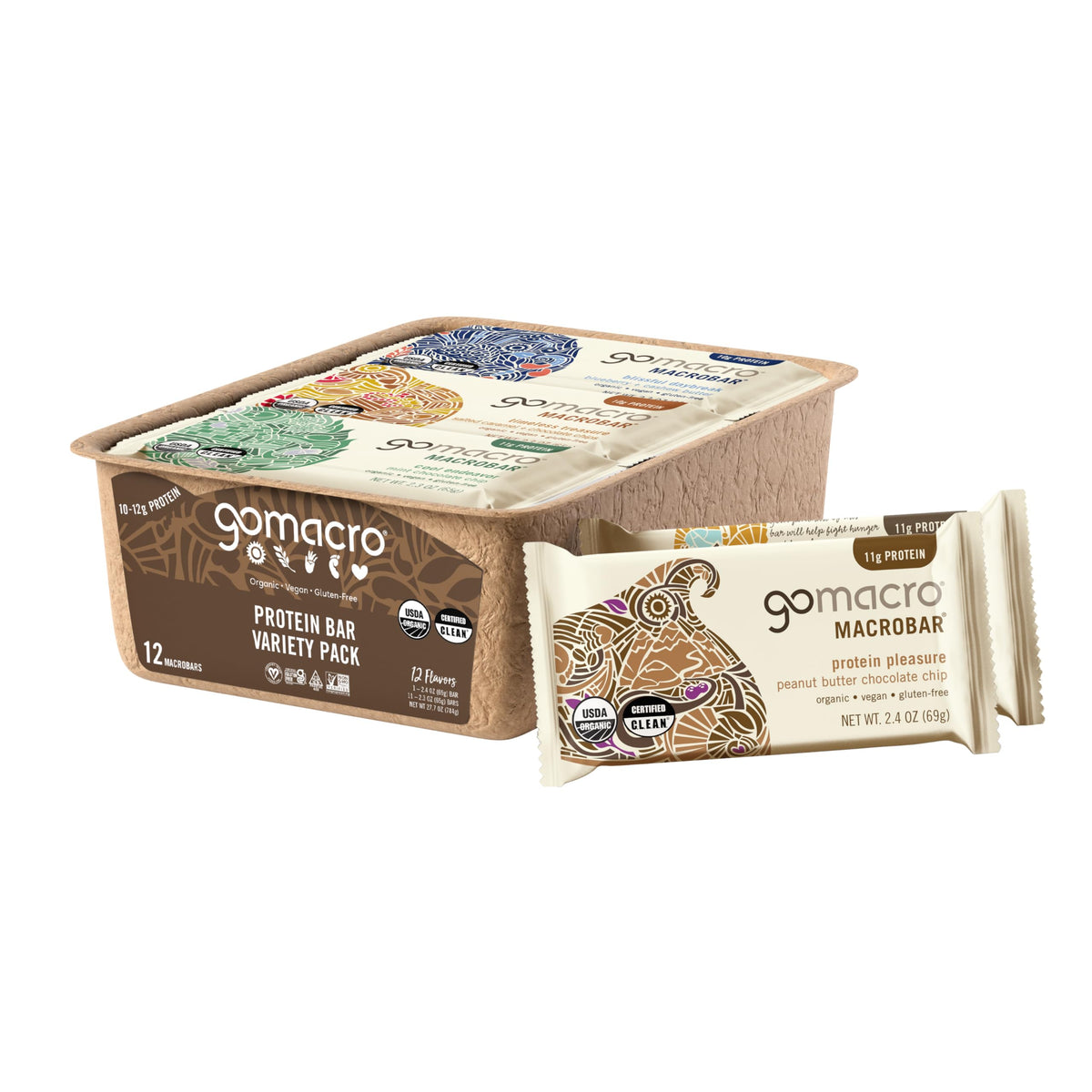 GoMacro MacroBar front packaging showing variety assortment and certification benefits