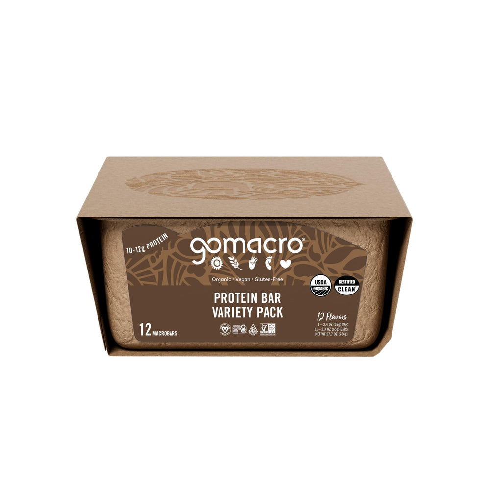 GoMacro MacroBar full variety laid out to display twelve distinct flavors