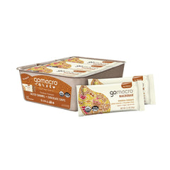 GoMacro front packaging showing 12-count Salted Caramel + Chocolate Chips and organic badges for quick recognition