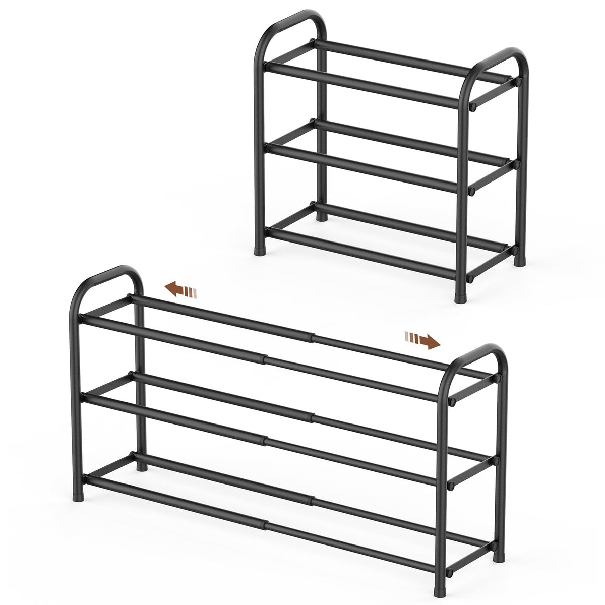 Gonfoam black 3-tier shoe rack front view showing neat shoe storage benefit