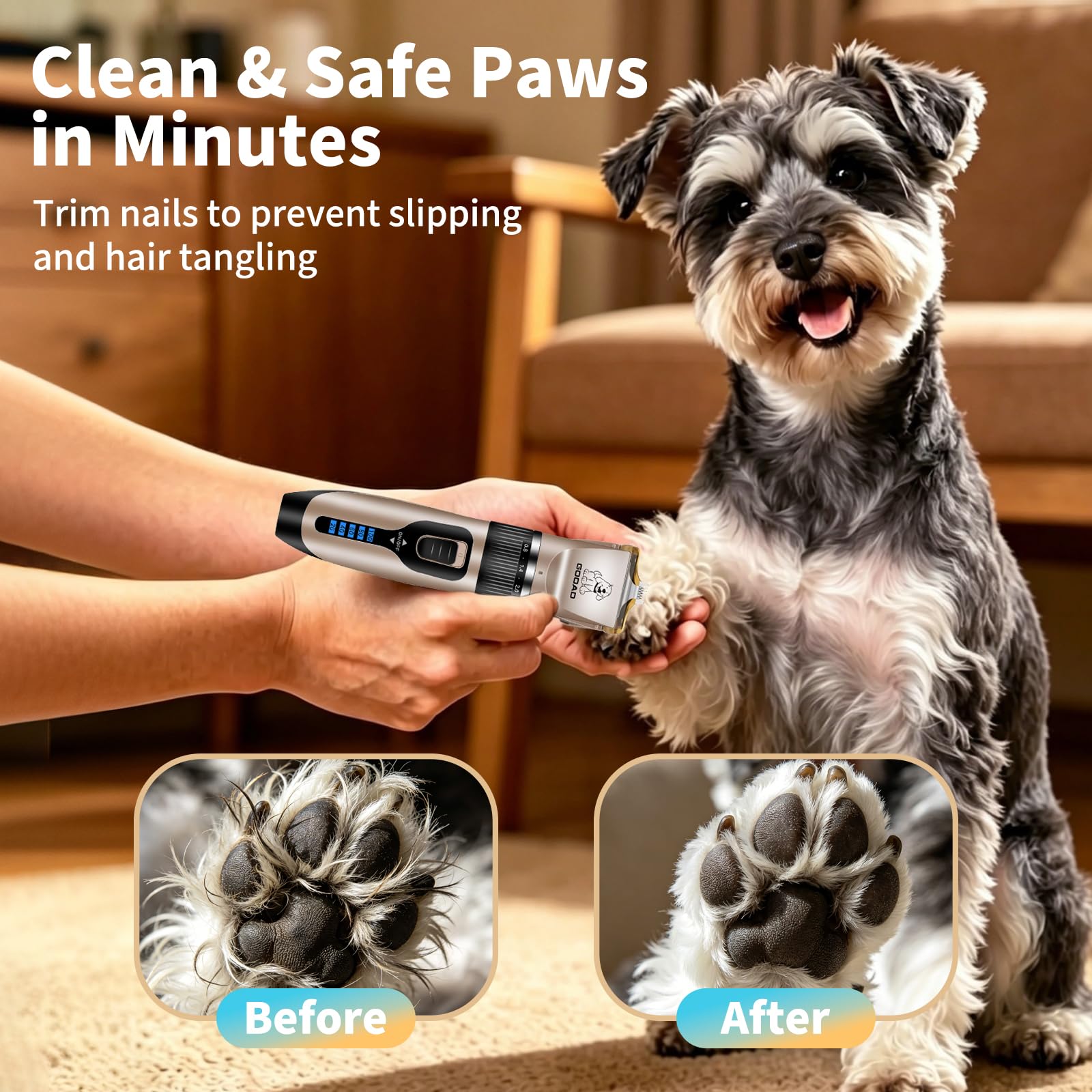 Gooad in use trimming a dog's paw demonstrating quiet motor and gentle grooming