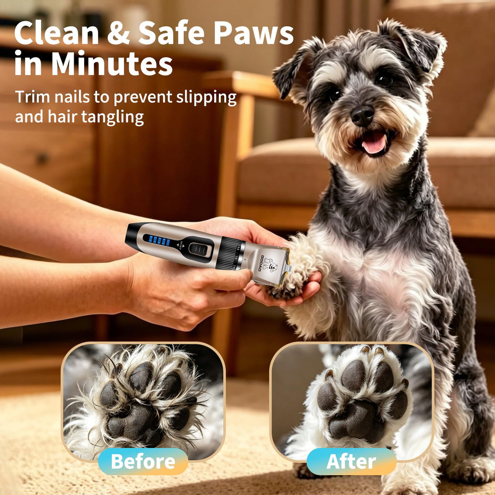 Gooad in use trimming a dog's paw demonstrating quiet motor and gentle grooming