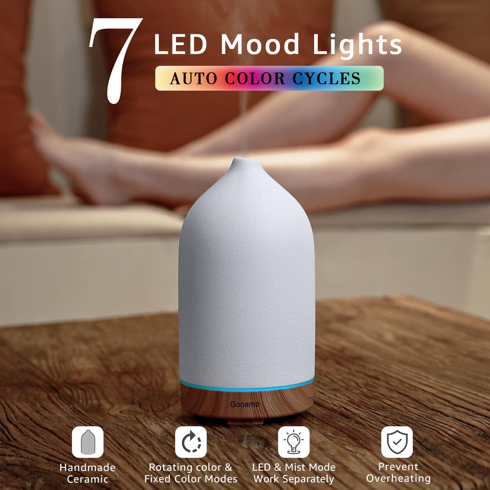 Gooamp diffuser producing fine mist to freshen air quietly and evenly