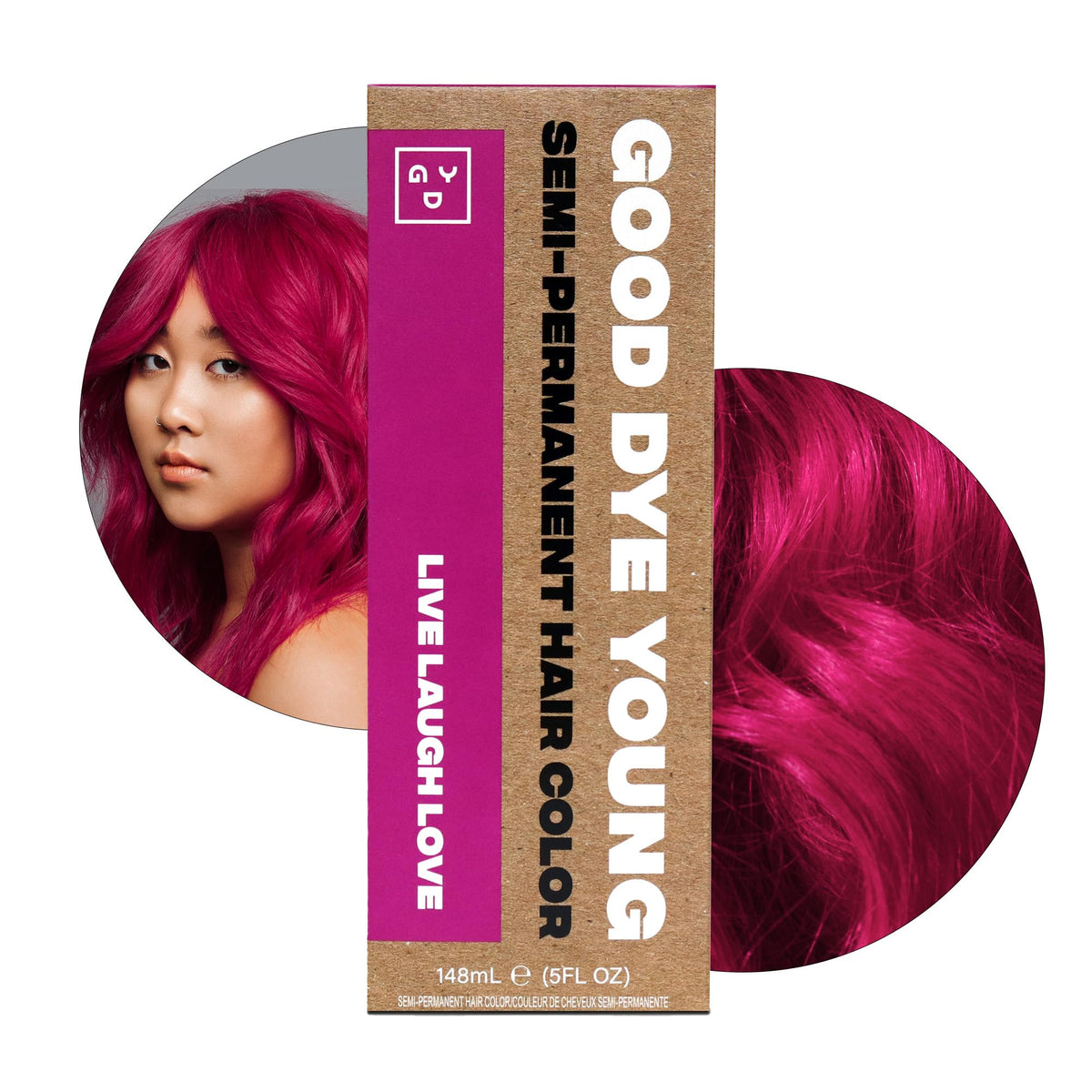 Good Dye Young front packaging showing magenta tub and label, clear product information