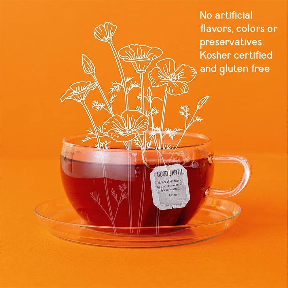 Steaming cup of Good Earth Sweet & Spicy tea poured, illustrating a comforting drink