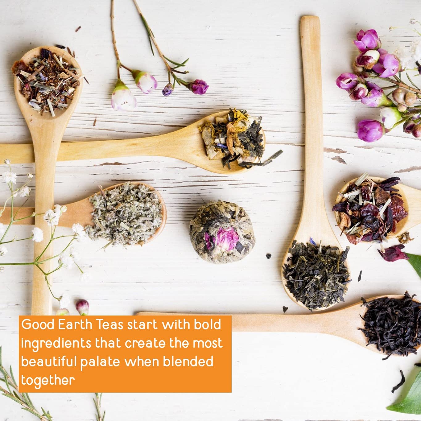 Arrangement of cinnamon, cloves and herbs next to Good Earth package, showing flavor notes