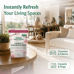 Good Natured Brand powder being sprinkled on carpet showing coverage and immediate odor-neutralizing benefit