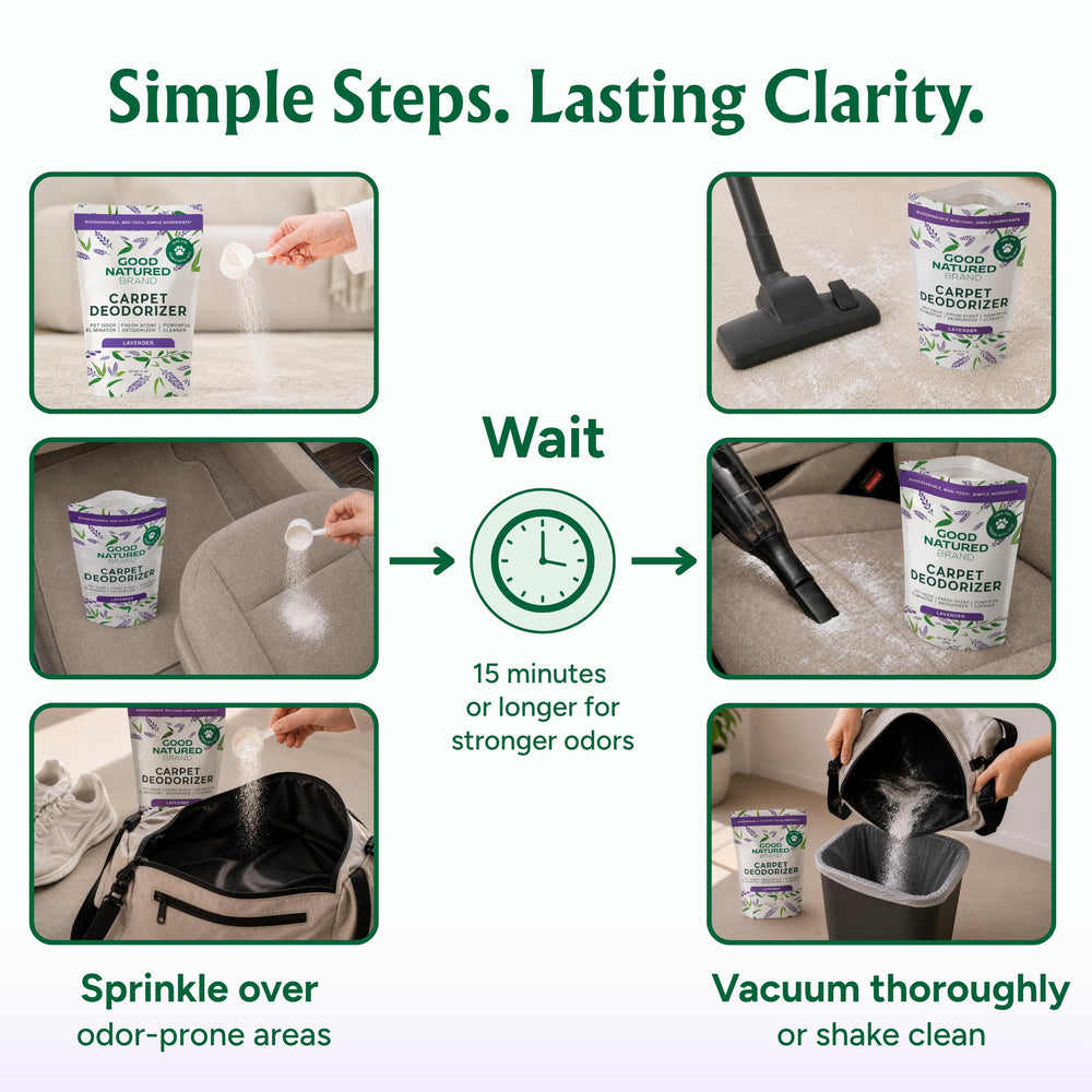 Good Natured Brand pet bed before and after image illustrating odor removal benefit